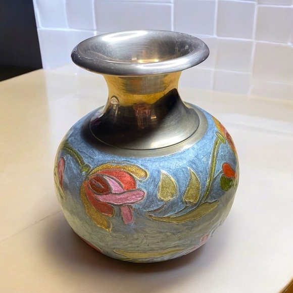 Made in India Other - Brass Vase Vintage Enameled Hand Painted Floral India 5”T x 2.5”W x 14”D